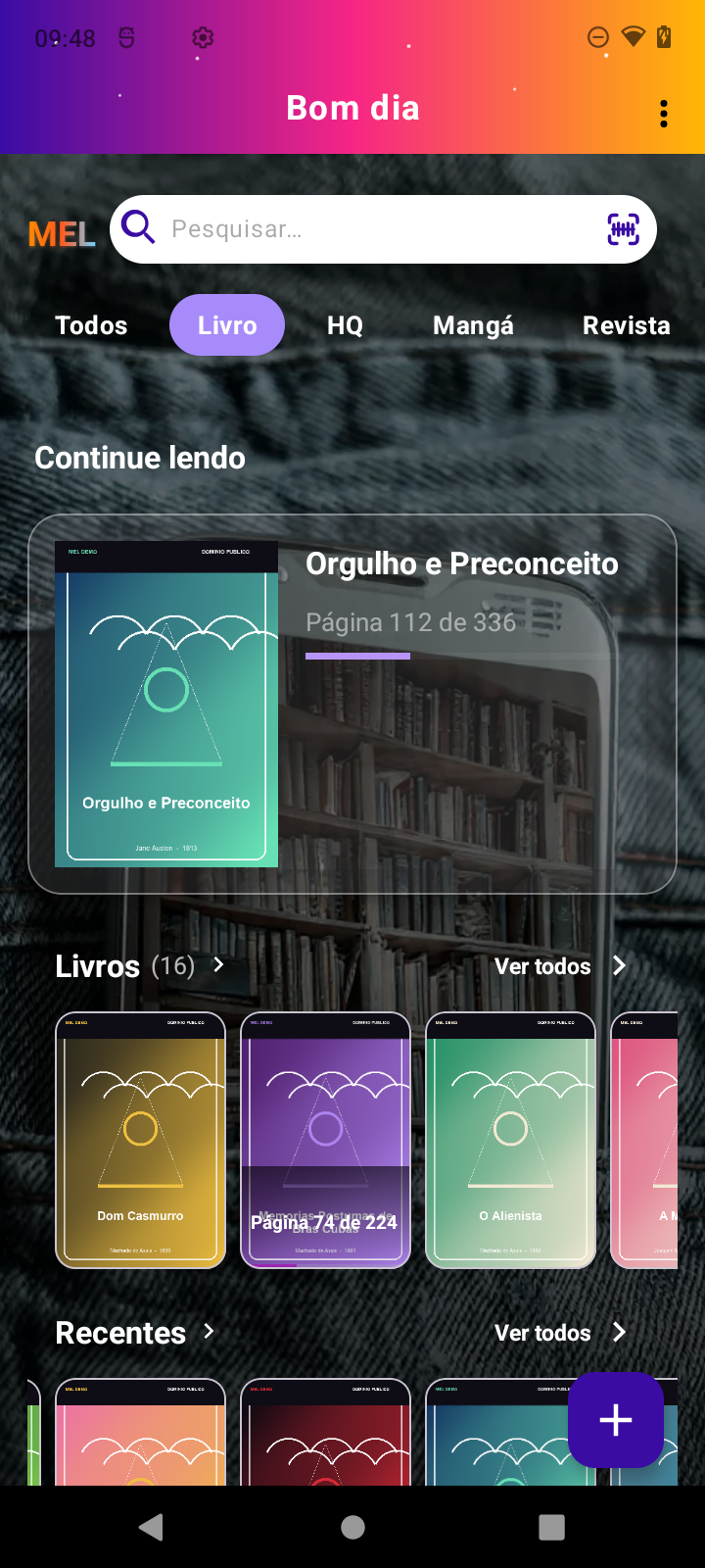 Tela inicial do MEL com progresso de leitura e livros organizados por categoria